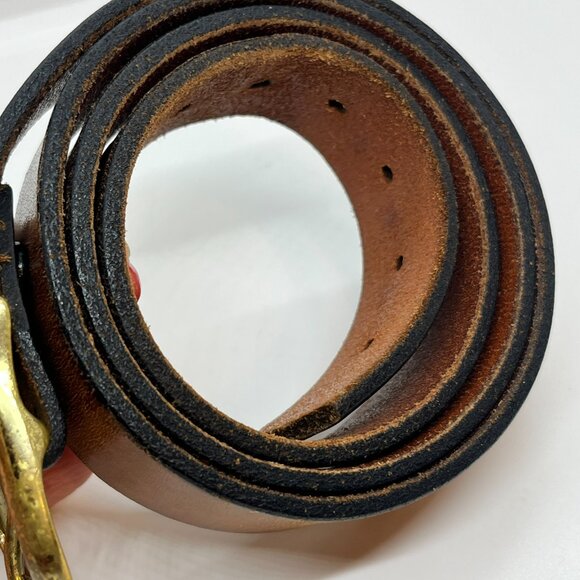 VINTAGE BROWN LEATHER Belt Solid Brass Buckle Made Distressed Patina Boho - Picture 13 of 15